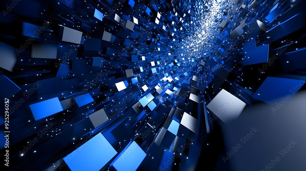 Poster a dynamic 3d visualization of blue cubes and light, suggesting movement and depth.