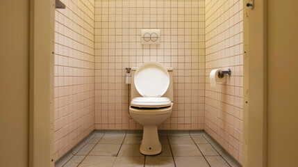 Clean public restroom with a white toilet in a small tiled room. Concept of hygiene, sanitation, cleanliness, restroom facilities