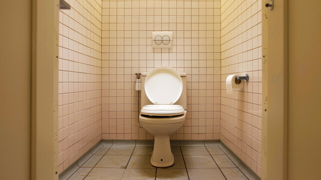 Clean public restroom with a white toilet in a small tiled room. Concept of hygiene, sanitation, cleanliness, restroom facilities