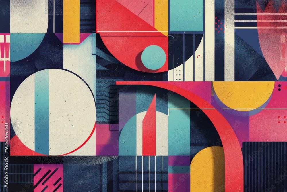 Poster an abstract painting showcasing a dynamic mix of vibrant colors and diverse geometric shapes, produc