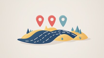 A stylized landscape featuring rolling hills, a winding road, and location markers, showcasing a modern theme of navigation and exploration