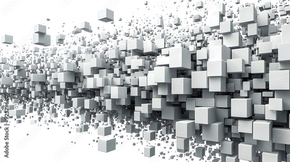 Poster a dynamic arrangement of 3d cubes creating a sense of movement and depth.