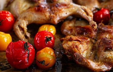 grilled quail meat, on a platter, tobacco, in the oven, with spices, homemade, without people,