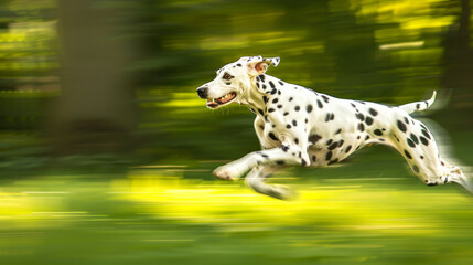 Dalmatian dog joyfully running at high speed with a green blurred background. Concept of active pets, outdoor fun, agility in animals, canine happiness, motion, blur