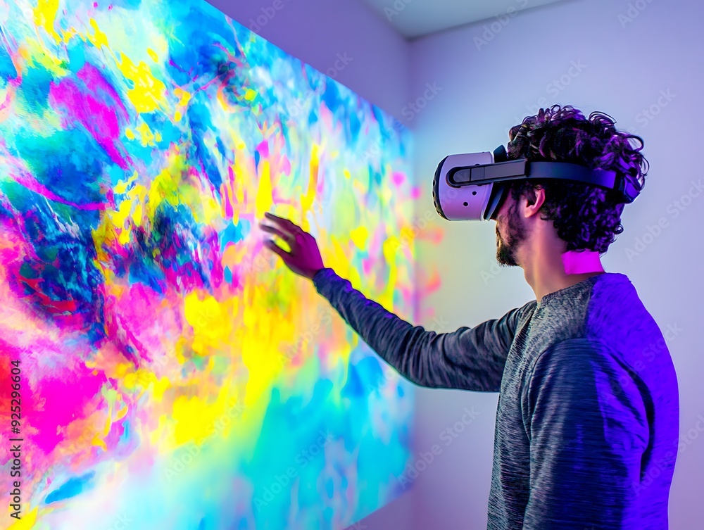 Poster man in vr headset interacting with a colorful projection