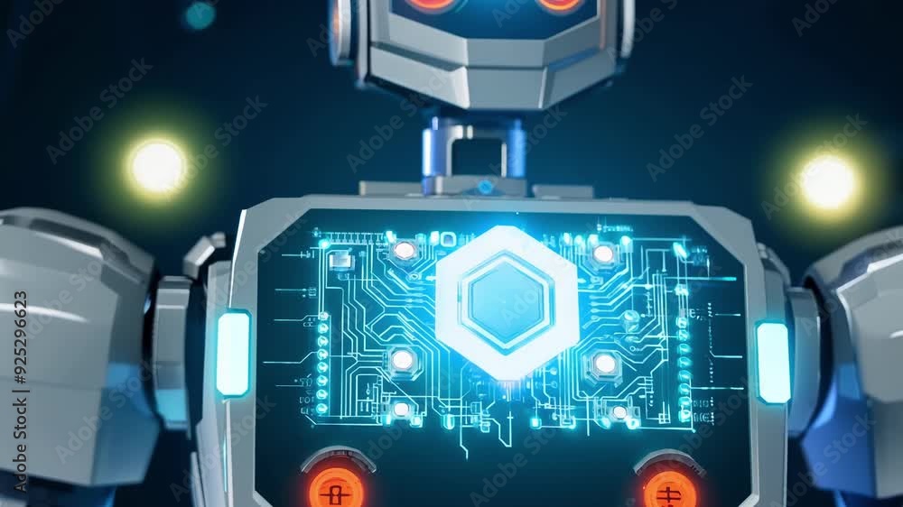 Poster the ai robots hand gently rests on the circuit board sending a surge of energy through its metallic 