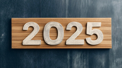 Fototapeta premium A wooden plaque shows the year 2025, highlighting future events and celebrations