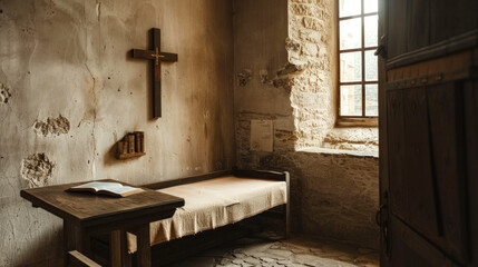 Rustic Monastic Room with Wooden Cross, Single Bed, and Open Bible by Sunlit Window. Concept of Spiritual Retreat, Solitude, Religious Devotion, Historical Monastery, monks cell, , Minimalist Living