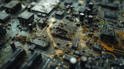 Close Up of a Dusty and Worn Circuit Board