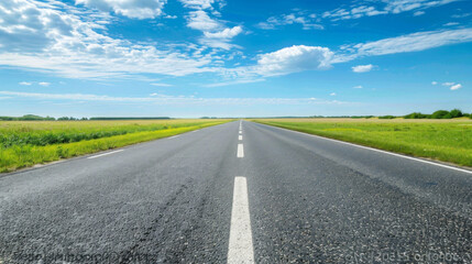 Beautiful scenic landscape of an empty open road under a bright blue sky with fluffy clouds. Concept of adventure, road trip, freedom, travel, journey