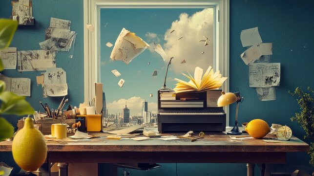 Open Book Floating in a Room with City View