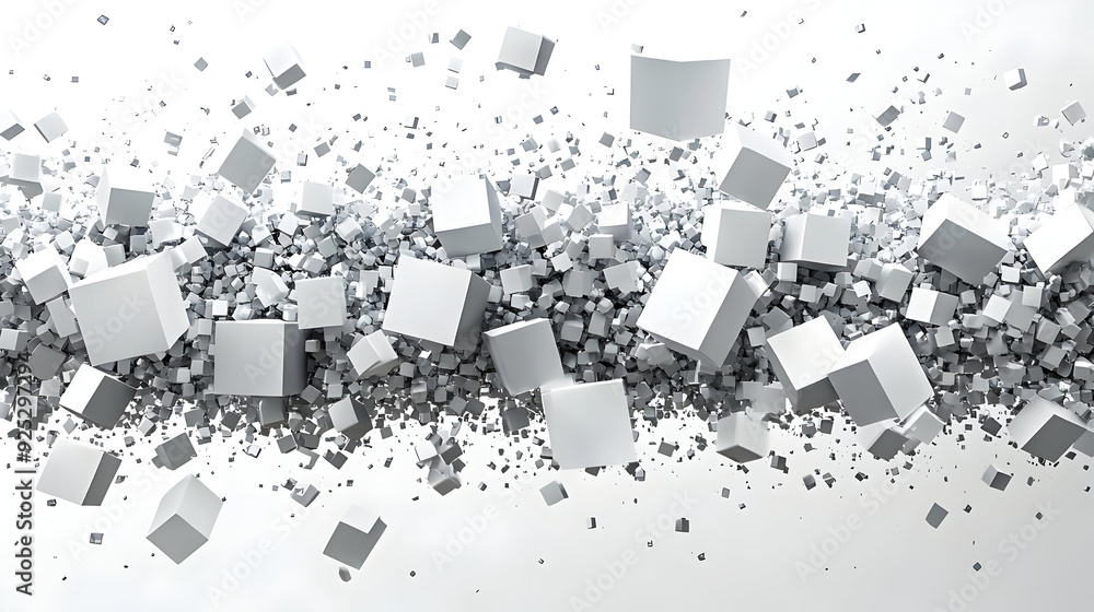 Poster a dynamic arrangement of floating white cubes creating a sense of motion and depth.