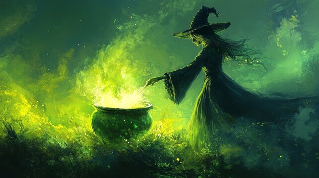 A witch stirring a bubbling cauldron of mysterious ingredients