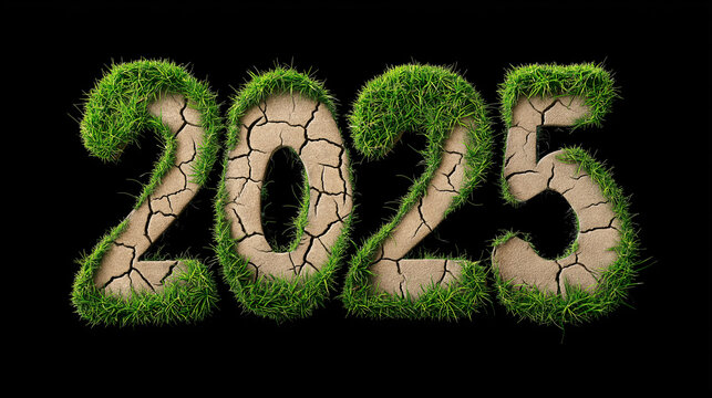 The numbers representing 2025 are creatively designed with lush grass and a cracked earth texture, symbolizing growth and climate change