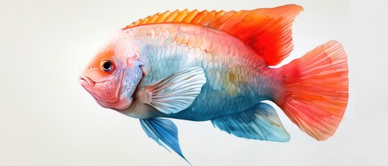Fototapeta premium Colorful fish painting with vibrant hues of red, blue, and orange, showcasing intricate details and artistic brilliance on a white background.