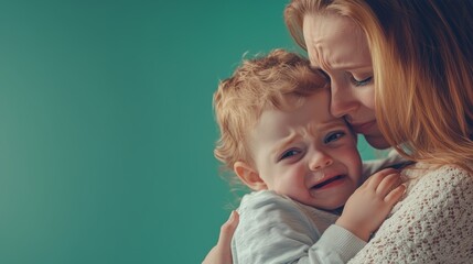 Sad Child Crying in Mother's Arms, Supportive Parent Comforting Tearful Toddler.