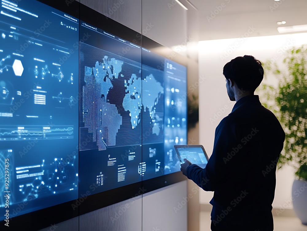 Aufkleber man analyzing global data on large digital screens