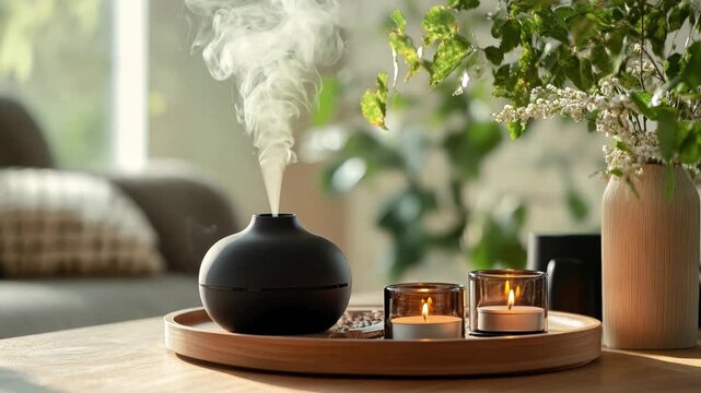 Steam rises from a black diffuser while candles burn softly beside lush greenery in a warm and inviting living room.