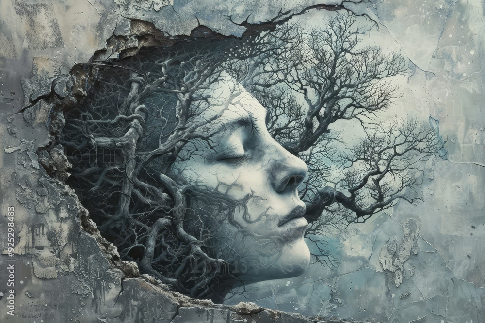 Poster a painting depicting a womans face with trees sprouting from it, symbolizing growth and connection t
