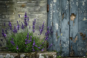 A cluster of purple flowers arranged in front of a blue door, Purple lavender growing in a rustic garden