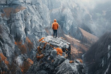 A person is standing triumphantly on a mountain summit, overlooking a vast landscape, Pushing through mental and physical barriers