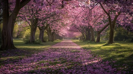 Serene Pathway Through a Cherry Blossom Grove