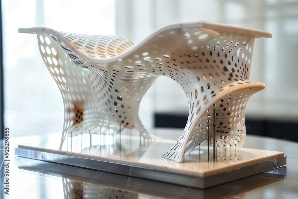 Poster a detailed model of a building displayed on a table, showcasing intricate architectural design, push