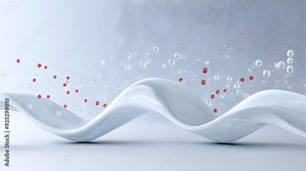 Poster a dynamic wave-like structure with bubbles, suggesting fluidity and movement.