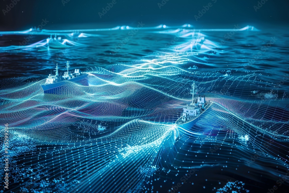 Poster a digital illustration of a ship navigating through the sea with radar data in the background, radar