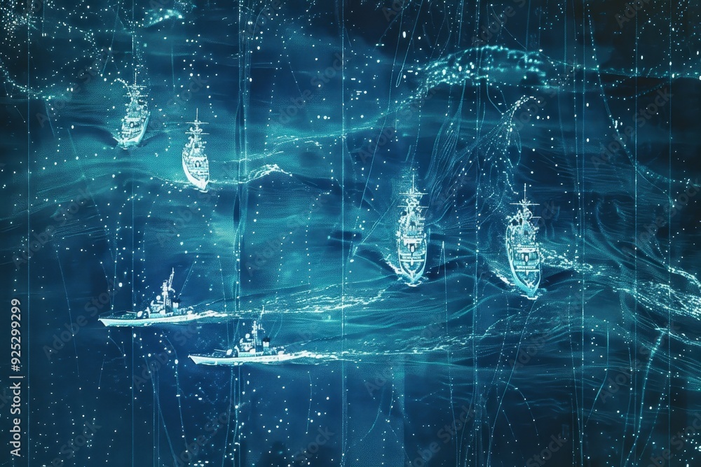 Poster multiple naval ships are seen floating on the water in radar data, radar data displaying the movemen