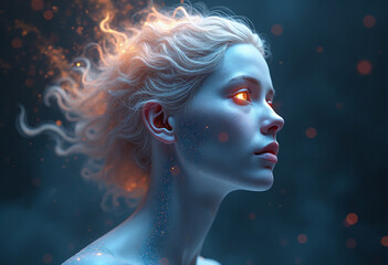 Ethereal head of a galactic deity floating in space, her eyes are formed from nebulae and starlight