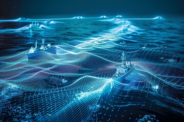 A digital illustration of a ship navigating through the sea with radar data in the background, Radar data displaying the movement of naval ships in open waters