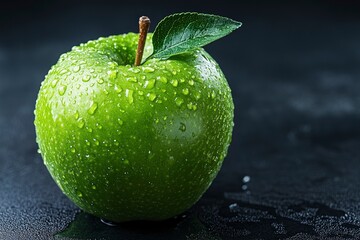 Close-Up of a Fresh, green Apple Against a Dark Background With Water Droplets , ai