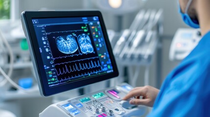 A medical professional operates advanced imaging equipment, analyzing vital patient data on a digital screen in a healthcare setting.