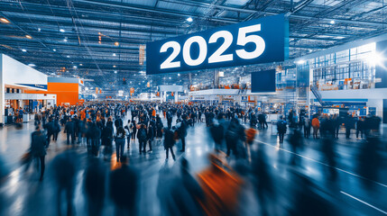 Visitors explore an expansive exhibition space bustling with activity, highlighted by a large banner displaying the year 2025