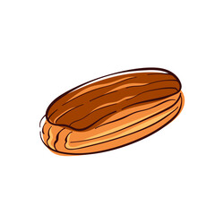 Eclair with chocolate cream in flat style. French bakery design element for food menu. Vector illustration isolated on a white background.