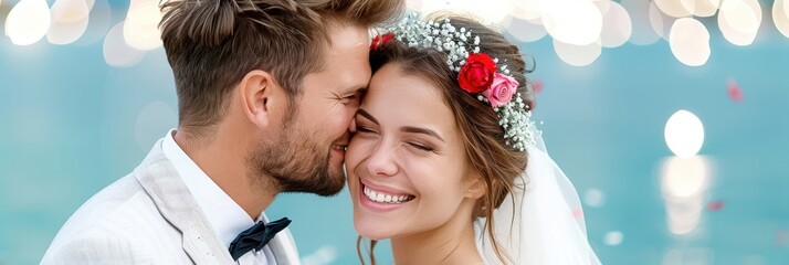 Happy bride and groom share a joyous moment by the water, with bokeh lights in the background. Perfect for wedding and romance themes.