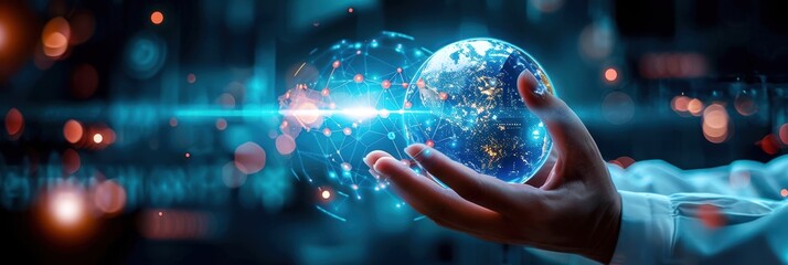 Futuristic concept of global connectivity and technology showcasing a hand holding a digital globe, illustrating innovation and digital transformation.