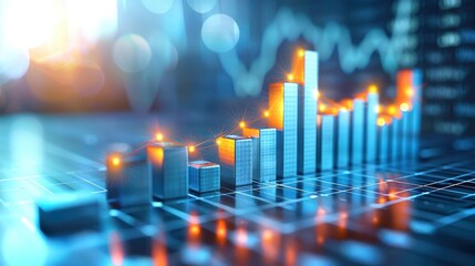 Glowing bar chart representing data analysis and financial success on a digital interface with blurred background.