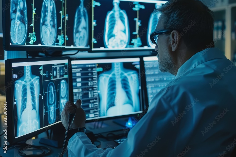 Poster a man is focused on examining xrays displayed on a computer monitor, radiologist examining x-rays on
