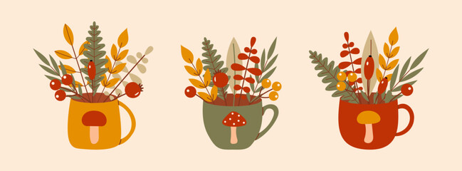 Autumn Fall Themed Botanical Mug Trio Vector Set with Leaves and Mushrooms Seasonal Decor Designs. Print ready scalable graphic design elements for stickers, posters, postcard, wall art decoration