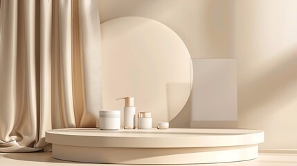 Cosmetic display pedestal in beige metal display platform template with minimal design