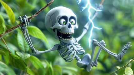 Animated skeleton character swinging on a vine, struck by lightning in a lush jungle setting, showcasing dynamic and humorous adventure.