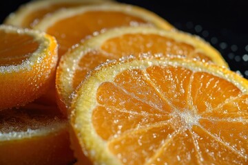 Close-Up of Sugary Orange Fruit Slices Against Black Background , ai