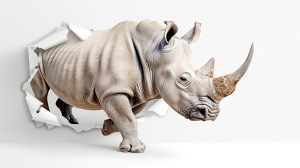 Obraz premium A 3D rhinoceros breaking through a white wall, symbolizing power and strength. Perfect for creative and impactful designs.