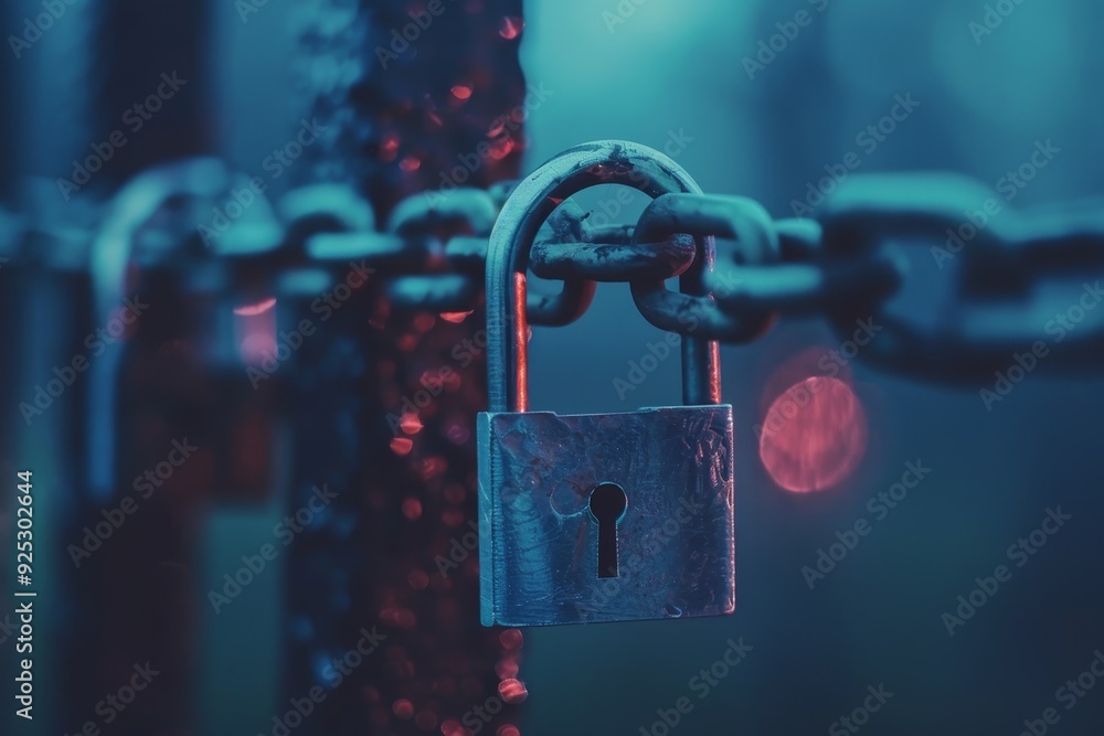 Poster detailed view of a padlock secured on a chain, emphasizing security and protection, reflecting on th