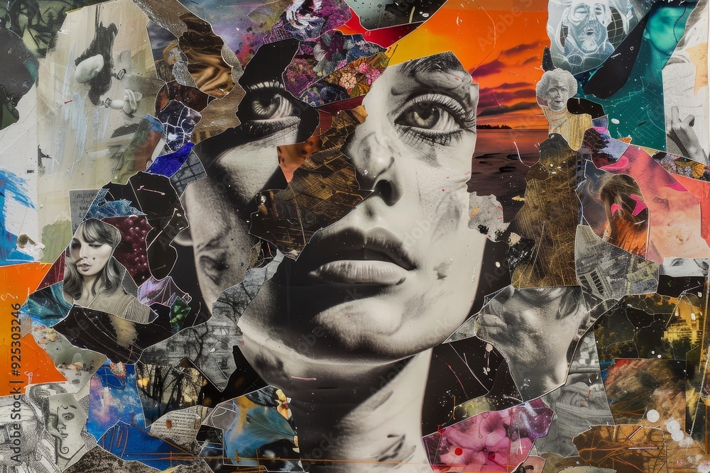 Poster collage featuring a womans face composed of multiple diverse images showcasing various expressions a