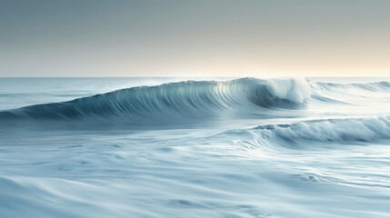 Endless horizon in a minimalist seascape, with light blue and white gradients. Soft, barely breaking waves and a serene, infinite atmosphere.
