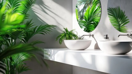 Obraz premium Tropical Bathroom Design with White Sink and Green Plants