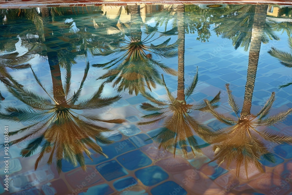 Poster palm trees reflecting in a shimmering pool of water on a sunny day, reflections of palm trees in a s